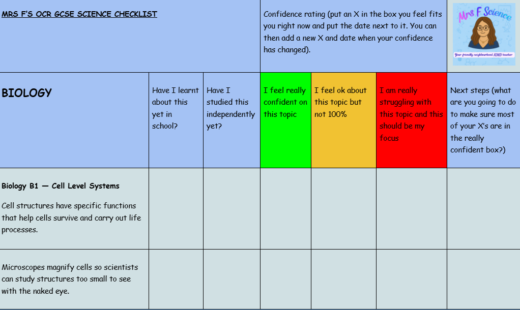 FREE OCR GCSE Gateway Science Student Spec Check - Track Your Progress