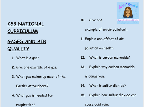 KS3 Science Gases and Air Quality Retrieval Questions | National Curriculum | 30 Questions