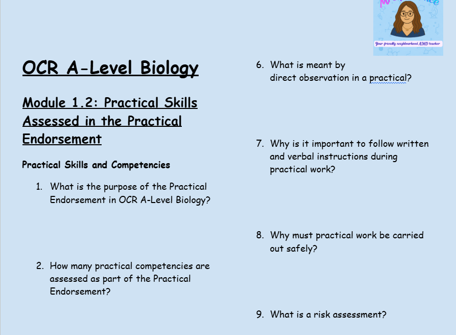 OCR A-Level Biology Worksheets – Module 1.2: Practical Skills Assessed in the Practical Endorsement