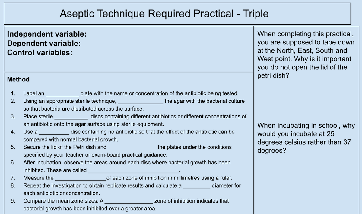 AQA GCSE Biology Aseptic Technique Required Practical Worksheet | Triple Science | KS4 | PDF Digital Download
