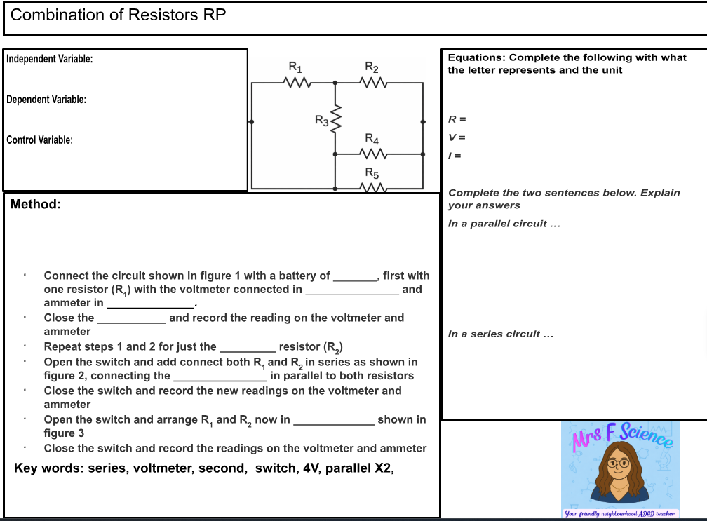 GCSE Physics Combination of Resistors Required Practical Worksheet | KS4 | AQA | OCR | Edexcel