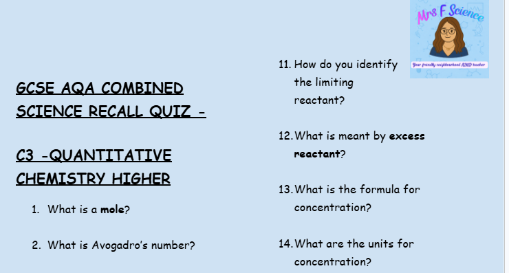 Quantitative Chemistry - GCSE Chemistry C3 Retrieval Questions | AQA Higher