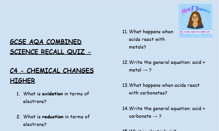 Chemical Changes - GCSE Chemistry C4 Retrieval Questions | AQA Higher Tier