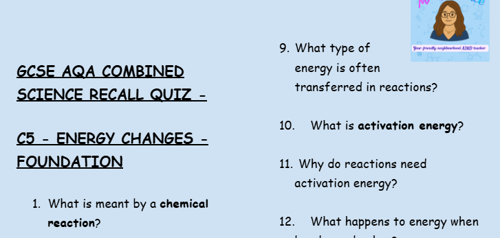 Energy Changes - GCSE Chemistry C5 Retrieval Questions | AQA Foundation Tier