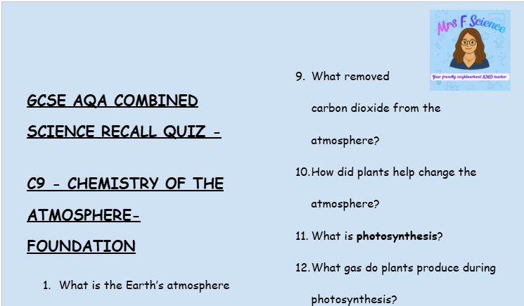 Chemistry of the Atmosphere - GCSE Chemistry C9 Retrieval Questions | AQA Foundation Tier