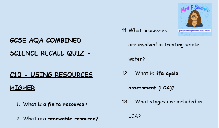Using Resources - GCSE Chemistry C10 Retrieval Questions | AQA Higher Tier