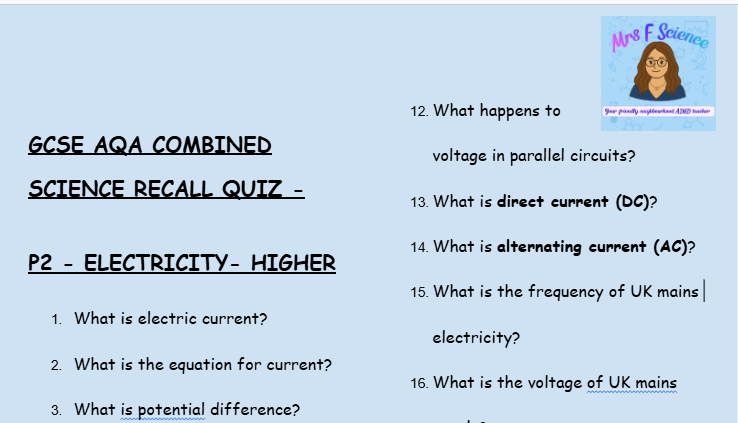 Electricity - GCSE Physics P2 Retrieval Questions | AQA Higher Tier