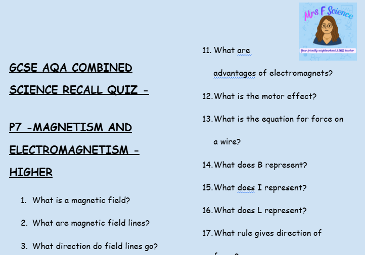 GCSE Physics P7 Magnetism & Electromagnetism – 30 Retrieval Questions (Higher Tier | AQA)