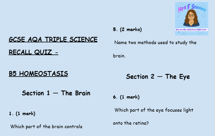 Homeostasis - GCSE Biology B5 Retrieval Questions | AQA Triple Science