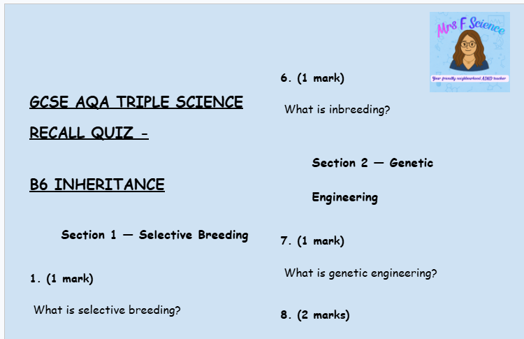 Inheritance - GCSE Biology B6 Retrieval Questions | AQA Triple Science