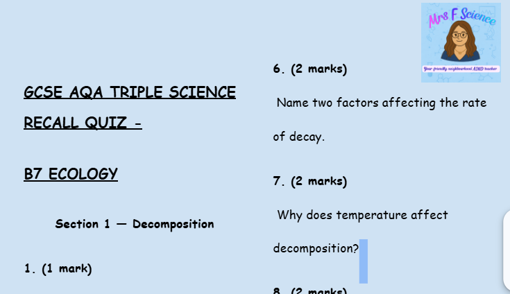 Ecology - GCSE Biology B7 Retrieval Questions | AQA Triple Science
