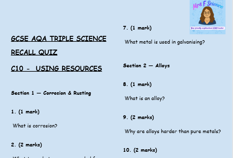 Using Resources - GCSE Chemistry C10 Retrieval Questions | AQA Triple Science