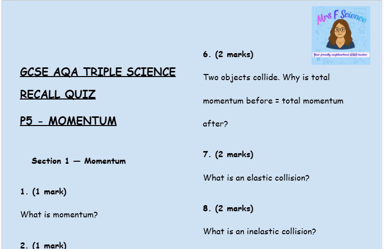 Momentum - GCSE Physics P5 Retrieval Questions | AQA Triple Science