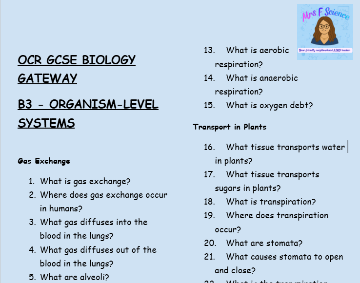 Organism Level Systems - GCSE Biology B3 Retrieval Questions | OCR Gateway Science