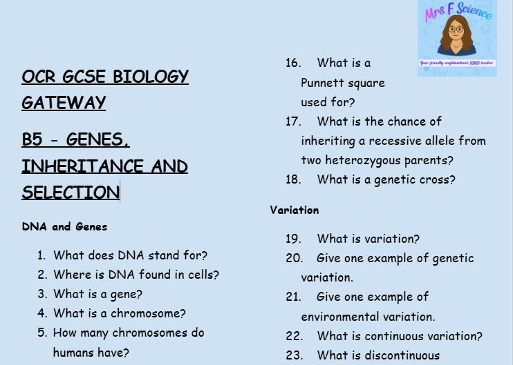 Genes, Inheritance and Selection - GCSE Biology B5 Retrieval Questions | OCR Gateway Science