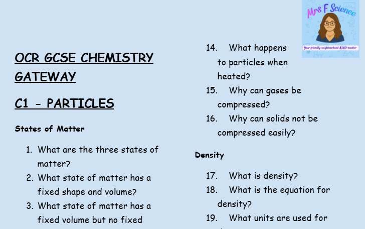 Particles - GCSE Chemistry C1 Retrieval Questions | OCR Gateway Science