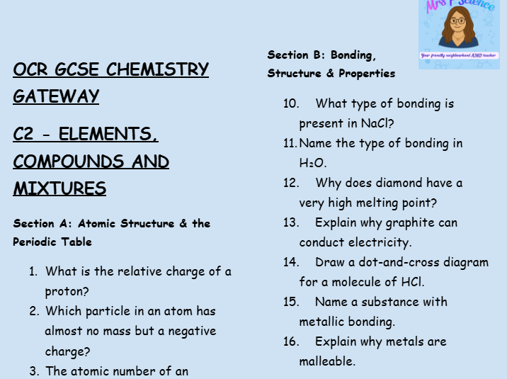 Elements, Compounds and Mixtures - GCSE Chemistry C2 Retrieval Questions | OCR Gateway Science