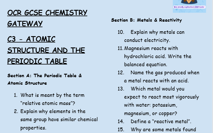 Atomic Structure and the Periodic Table - GCSE Chemistry C3 Retrieval Questions | OCR Gateway Science