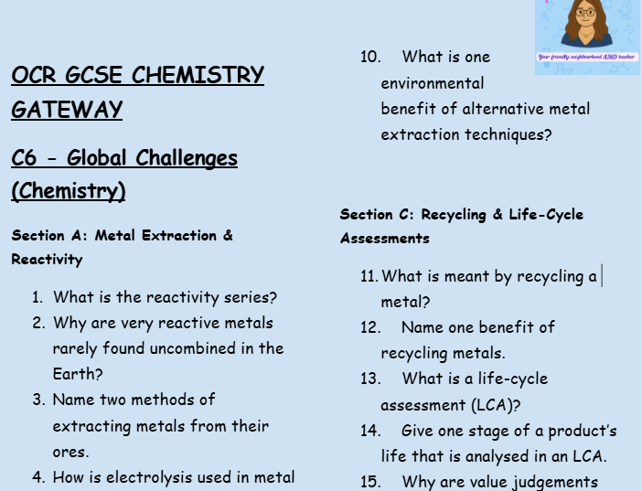 Global Challenges - GCSE Chemistry C6 Retrieval Questions | OCR Gateway Science