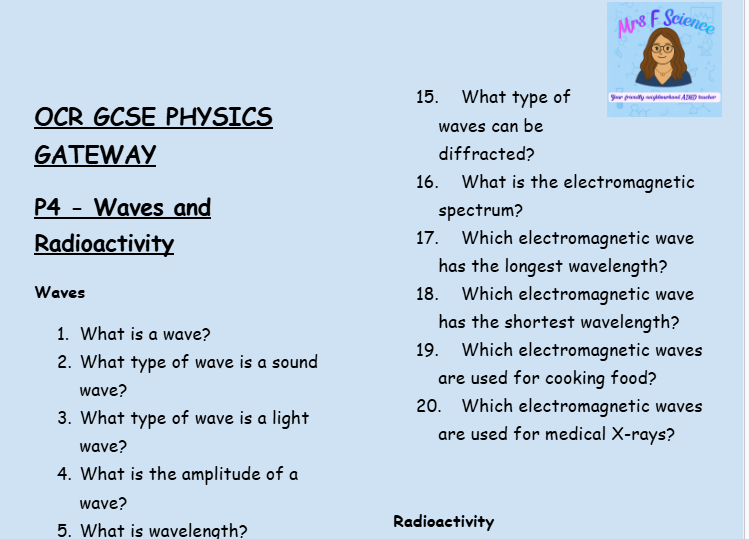 Waves & Radioactivity - GCSE Physics P4 Retrieval Questions | OCR Gateway Science