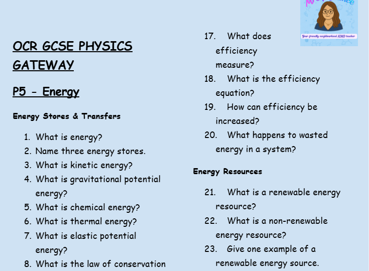 Energy - GCSE Physics P5 Retrieval Questions | OCR Gateway Science