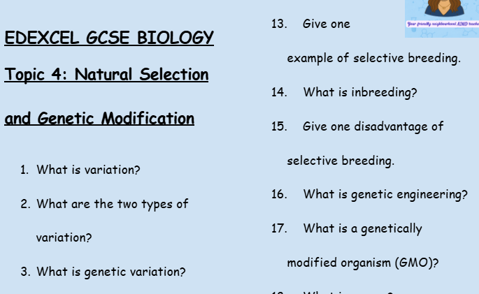 Natural Selection and Genetic Modification – GCSE Biology Topic 4 Retrieval Questions | Edexcel