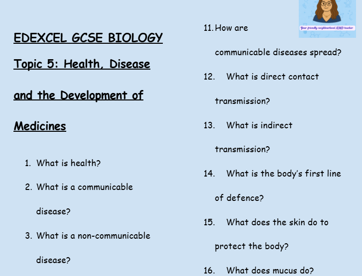 Health, Disease and the Development of Medicines – GCSE Biology Topic 5 Retrieval Questions | Edexcel
