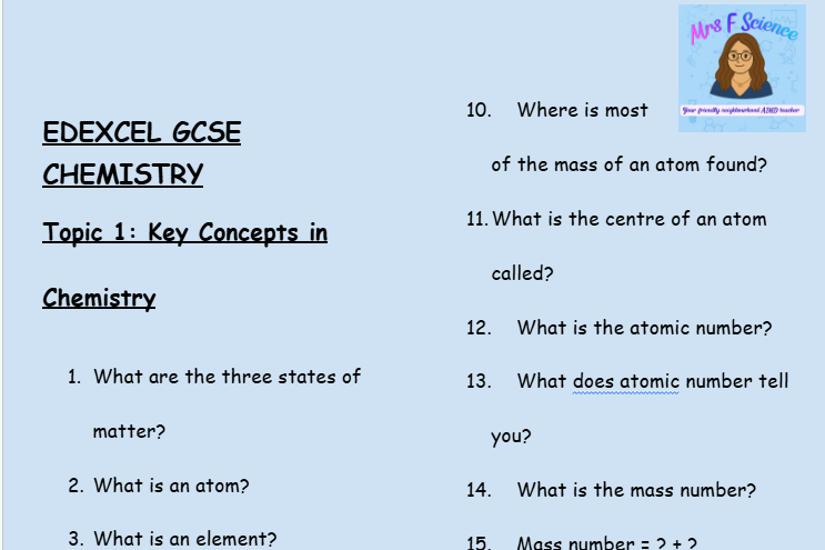 Key Concepts in Chemistry – GCSE Chemistry Topic 1 Retrieval Questions | Edexcel