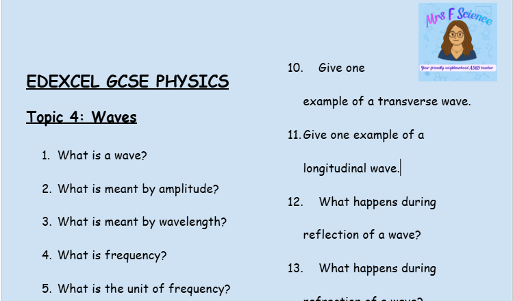 Waves – GCSE Physics Topic 4 Retrieval Questions | Edexcel