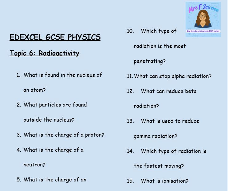 Radioactivity – GCSE Physics Topic 6 Retrieval Questions | Edexcel