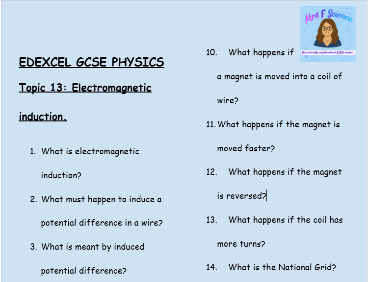 Electromagnetic Induction – GCSE Physics Topic 13 Retrieval Questions | Edexcel