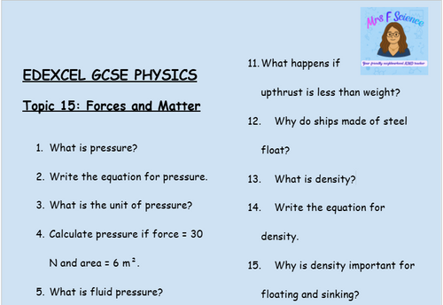 Forces and Matter – GCSE Physics Topic 15 Retrieval Questions | Edexcel