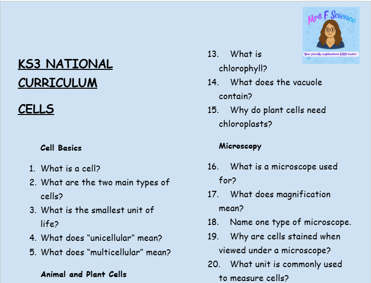 KS3 Science Cells Retrieval Questions | National Curriculum | 30 Questions