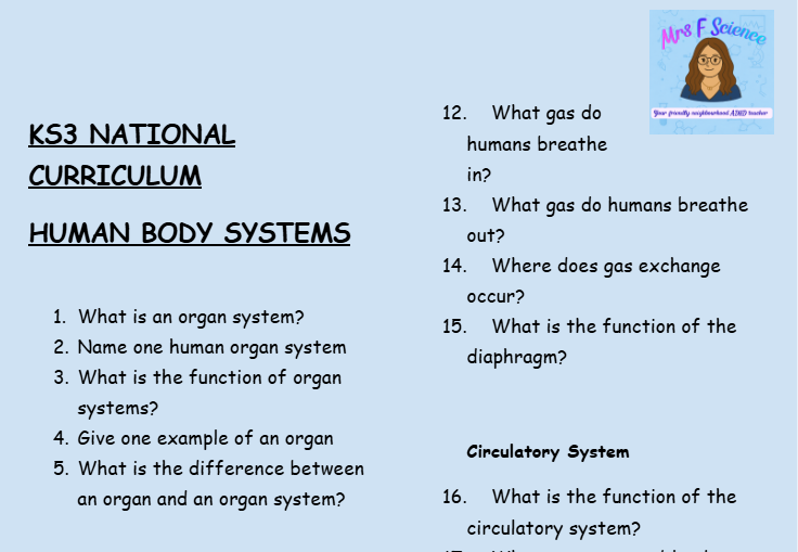 KS3 Science Human Body Systems Retrieval Questions | National Curriculum | 30 Questions