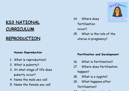 KS3 Science Reproduction Retrieval Questions | National Curriculum | 30 Questions