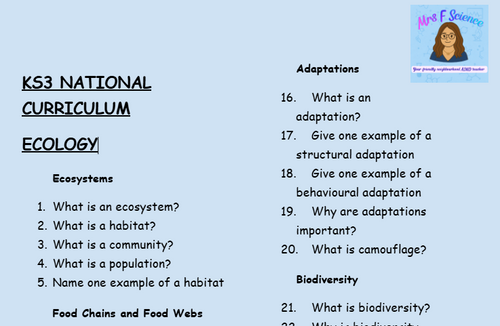 KS3 Science Ecology Retrieval Questions | National Curriculum | 30 Questions