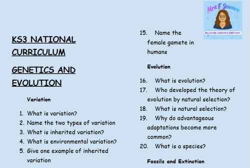 KS3 Science Genetics and Evolution Retrieval Questions | National Curriculum | 30 Questions