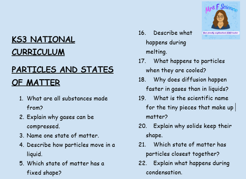 KS3 Science Particles and States of Matter Retrieval Questions | National Curriculum | 30 Questions