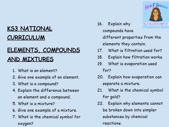 KS3 Science Elements, Compounds and Mixtures Retrieval Questions | National Curriculum | 30 Questions