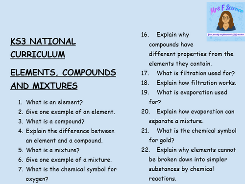 KS3 Science Elements, Compounds and Mixtures Retrieval Questions | National Curriculum | 30 Questions