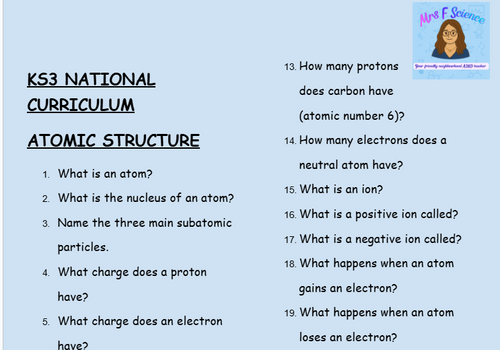 KS3 Science Atomic Structure Retrieval Questions | National Curriculum | 30 Questions