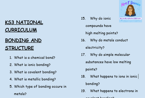 KS3 Science Bonding and Structure Retrieval Questions | National Curriculum | 30 Questions