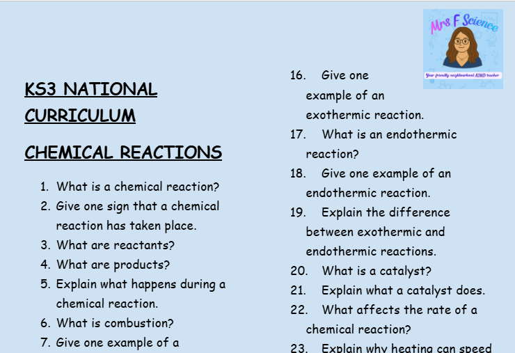 KS3 Science Chemical Reactions Retrieval Questions | National Curriculum | 30 Questions