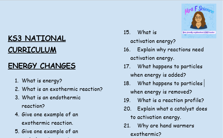 KS3 Science Energy Changes Retrieval Questions | National Curriculum | 30 Questions