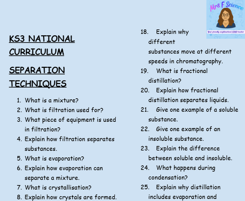 KS3 Science Separation Techniques Retrieval Questions | National Curriculum | 30 Questions