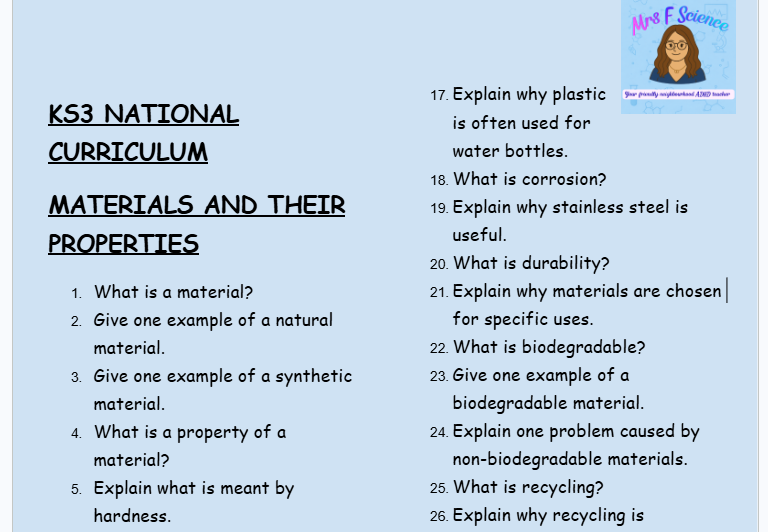 KS3 Science Materials and Their Properties Retrieval Questions | National Curriculum | 30 Questions