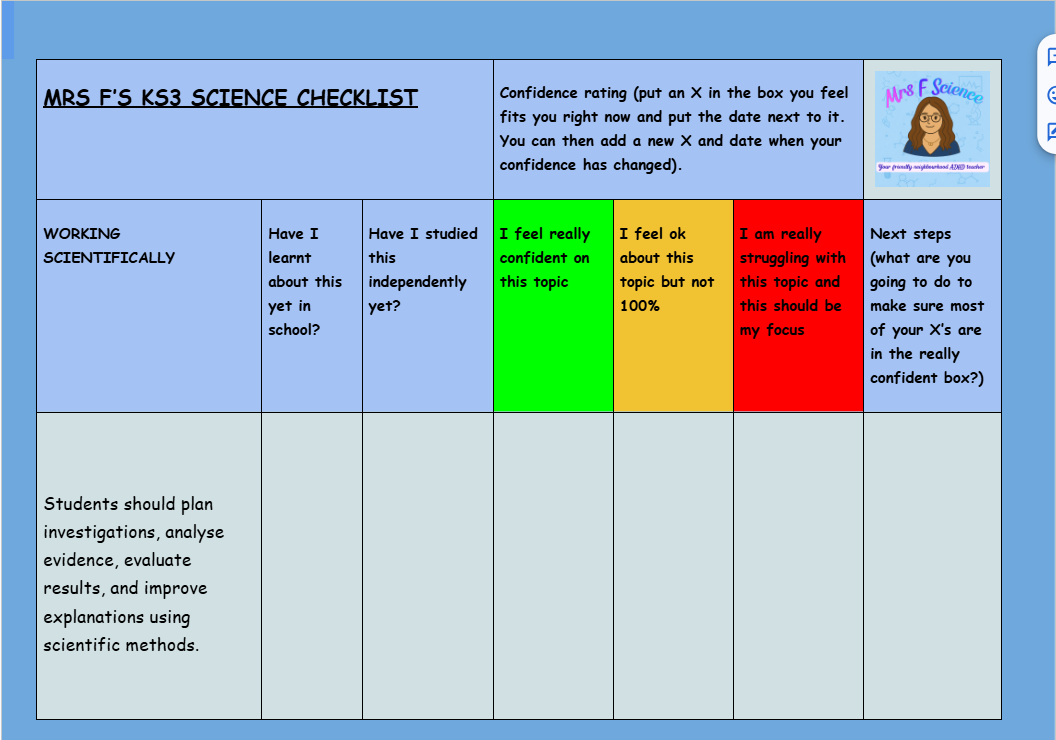 FREE KS3 Science National Curriculum Spec Check - Track Your Progress