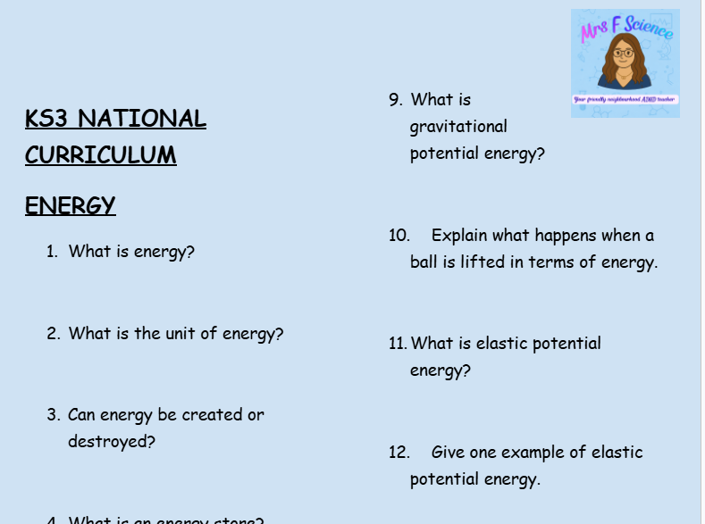 KS3 Science Energy Retrieval Questions | National Curriculum | 30 Questions
