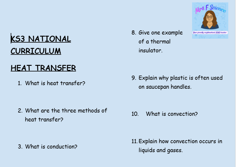 KS3 Science Heat Transfer Retrieval Questions | National Curriculum | 30 Questions
