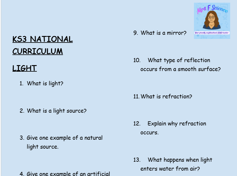 KS3 Light Revision Worksheets | 30 Questions & Answers | PDF Download